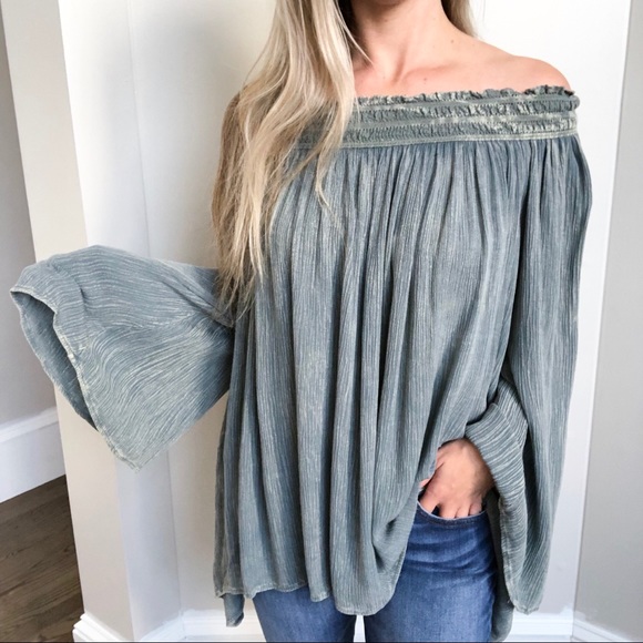 Altar'd State Tops - Altar’d State Off The Shoulder Boho Blue/Green Top